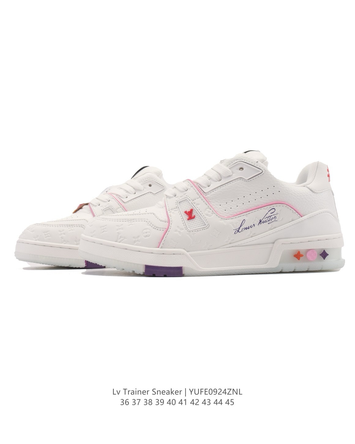 LOUIS VUITTON Trainer 牛皮革 系帶平底 低筒 板鞋 男女 白粉 上海郵輪:圖片 2