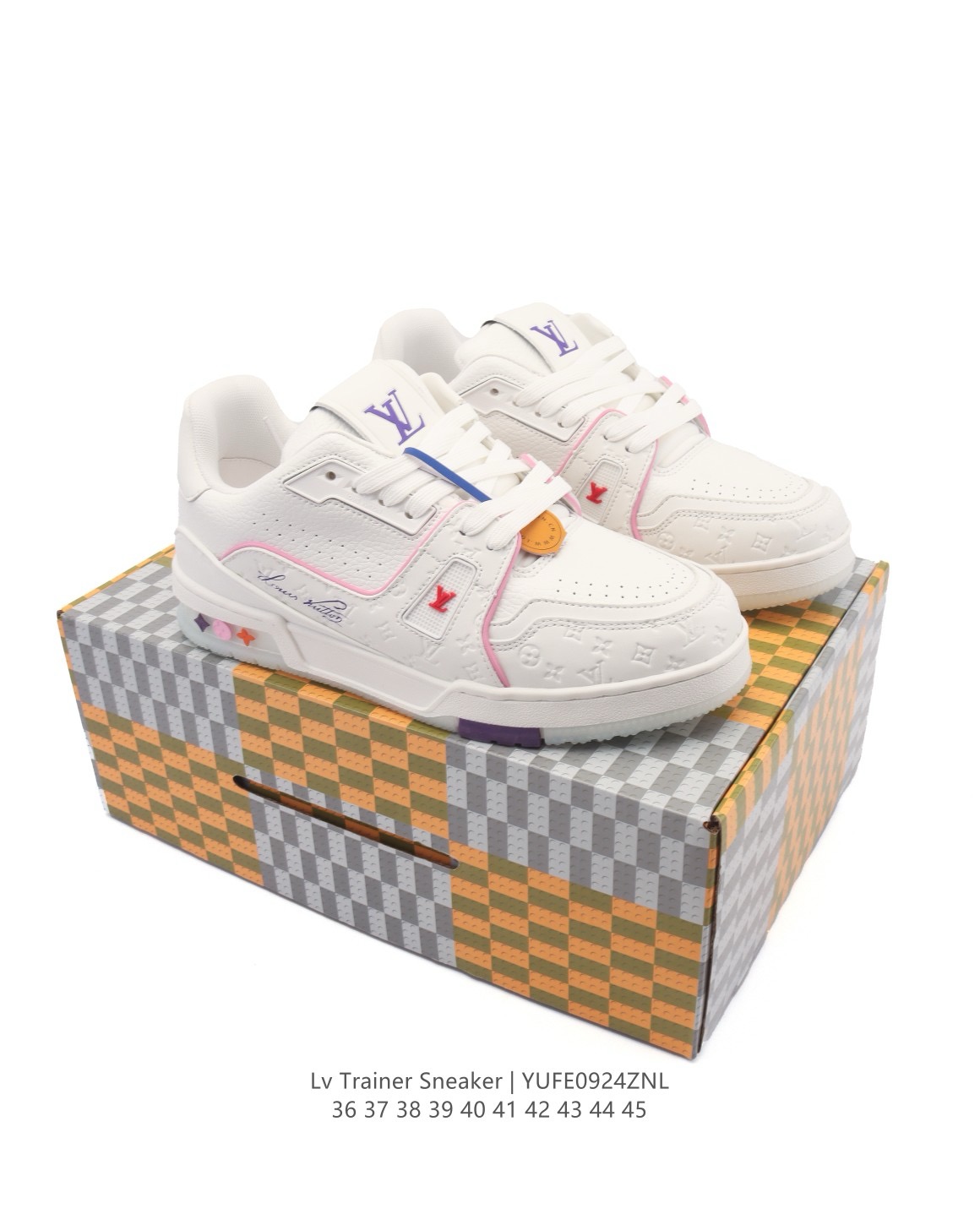 LOUIS VUITTON Trainer 牛皮革 系帶平底 低筒 板鞋 男女 白粉 上海郵輪:圖片 9